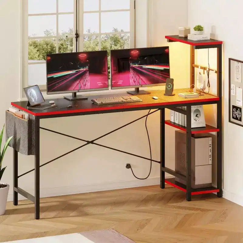 Escritorio reversible para videojuegos de 61 con toma de corriente, iluminación LED y 4 estantes