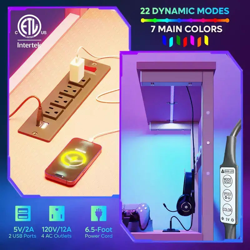 Escritorio reversible para videojuegos de 61 con toma de corriente, iluminación LED y 4 estantes