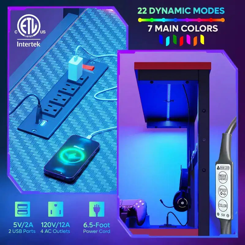Escritorio reversible para videojuegos de 61 con toma de corriente, iluminación LED y 4 estantes