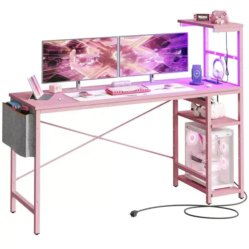 Escritorio reversible para videojuegos de 61 con toma de corriente, iluminación LED y 4 estantes