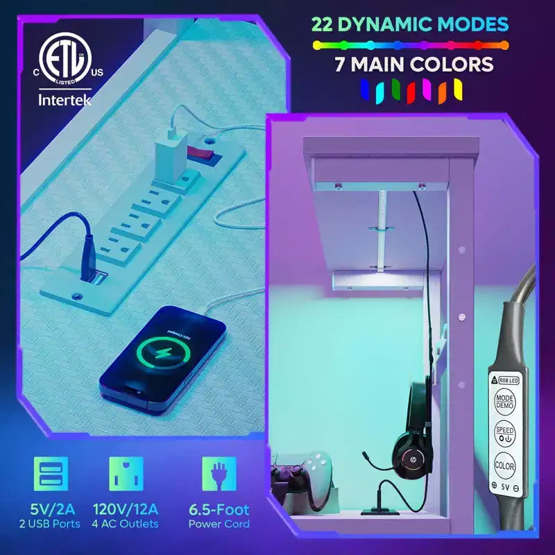 Escritorio reversible para videojuegos de 61 con toma de corriente, iluminación LED y 4 estantes