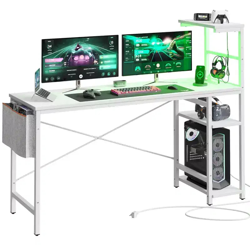 Escritorio reversible para videojuegos de 61 con toma de corriente, iluminación LED y 4 estantes