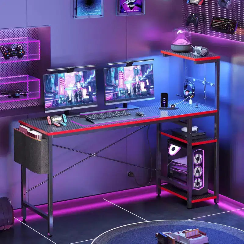Escritorio reversible para videojuegos de 61 con toma de corriente, iluminación LED y 4 estantes