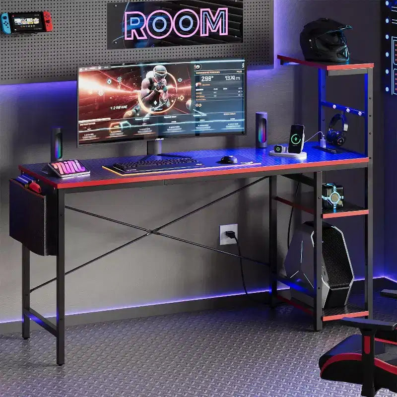Escritorio reversible para videojuegos de 61 con toma de corriente, iluminación LED y 4 estantes