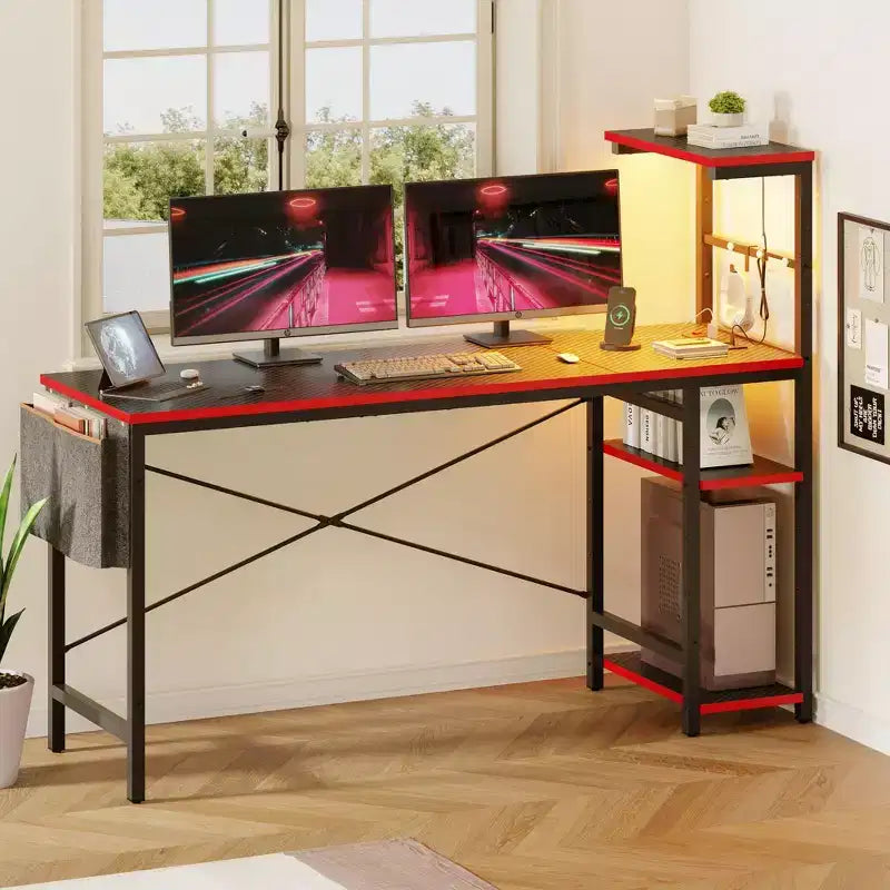 Escritorio reversible para videojuegos de 61 con toma de corriente, iluminación LED y 4 estantes