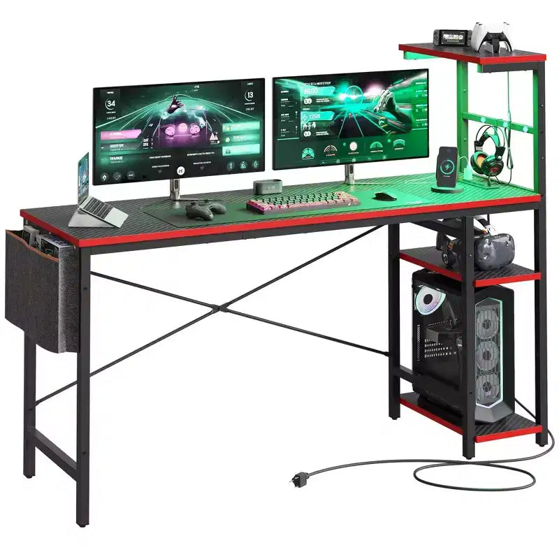 Escritorio reversible para videojuegos de 61 con toma de corriente, iluminación LED y 4 estantes