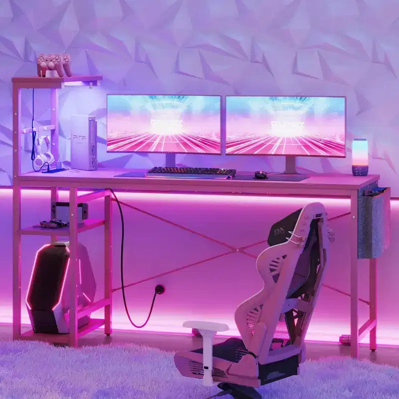 Escritorio reversible para videojuegos de 61 con toma de corriente, iluminación LED y 4 estantes