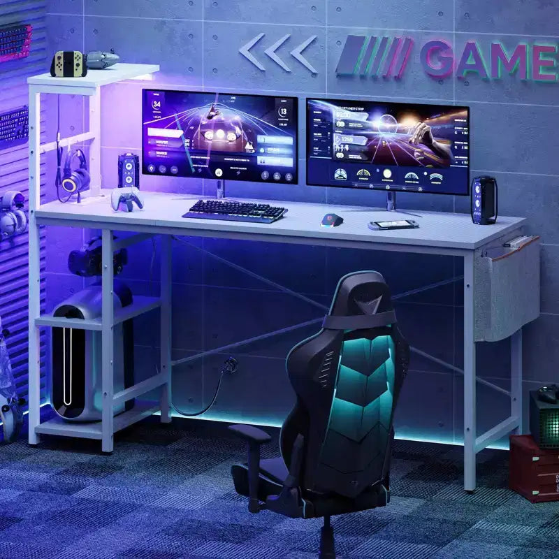 Escritorio reversible para videojuegos de 61 con toma de corriente, iluminación LED y 4 estantes