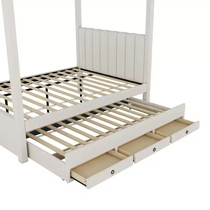 Polsterbett mit Himmelbettgestell in Twin-/Full-Size, mit Ausziehbett und 3 Schubladen