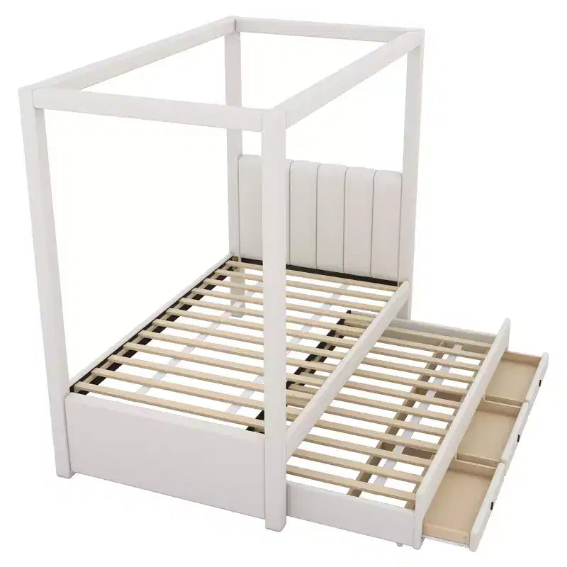 Polsterbett mit Himmelbettgestell in Twin-/Full-Size, mit Ausziehbett und 3 Schubladen
