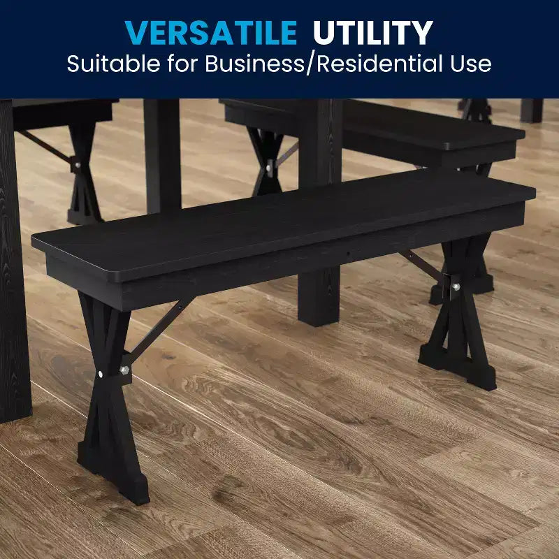 Banco plegable de estilo rústico de pino macizo con acabado negro lavado, 40 x 12, para uso comercial, con patas en X plegables y con cierre