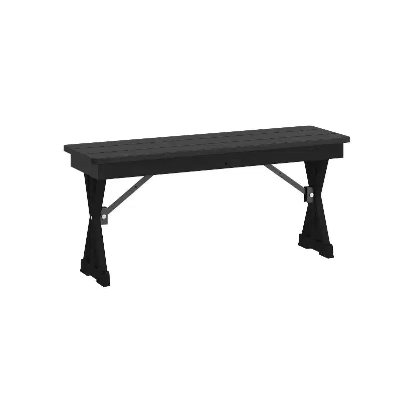 Banco plegable de estilo rústico de pino macizo con acabado negro lavado, 40 x 12, para uso comercial, con patas en X plegables y con cierre