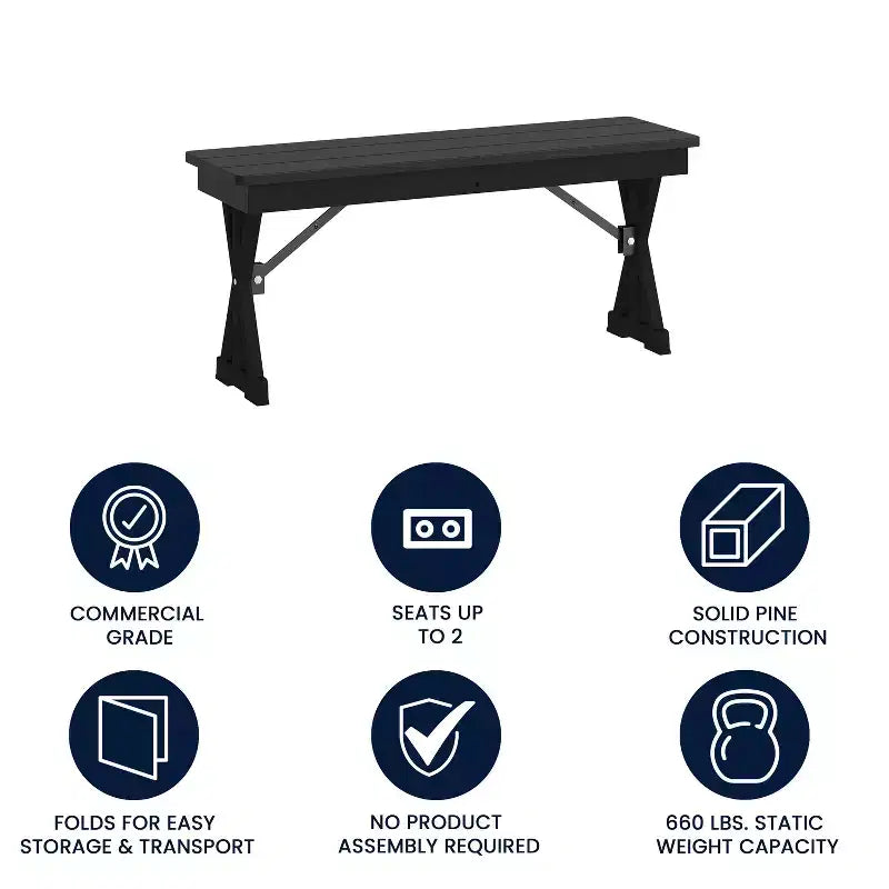 Banco plegable de estilo rústico de pino macizo con acabado negro lavado, 40 x 12, para uso comercial, con patas en X plegables y con cierre