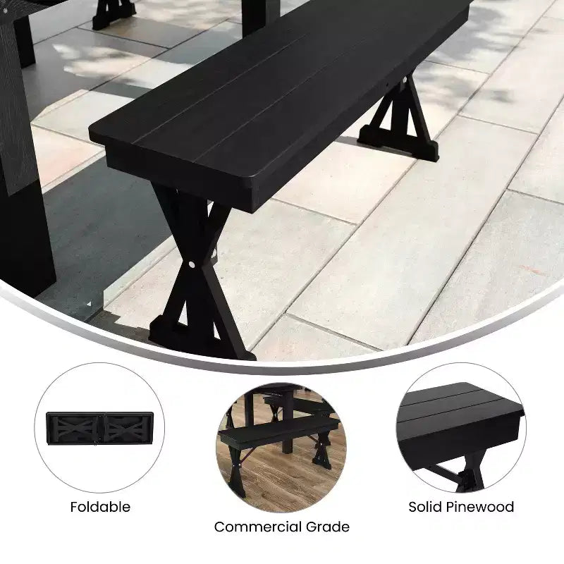 Banco plegable de estilo rústico de pino macizo con acabado negro lavado, 40 x 12, para uso comercial, con patas en X plegables y con cierre