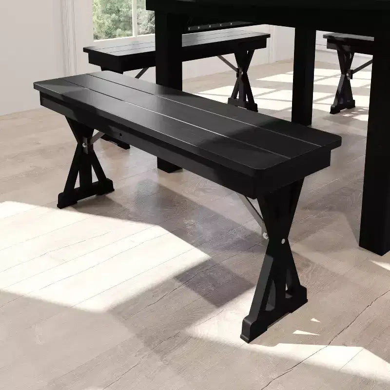 Banco plegable de estilo rústico de pino macizo con acabado negro lavado, 40 x 12, para uso comercial, con patas en X plegables y con cierre