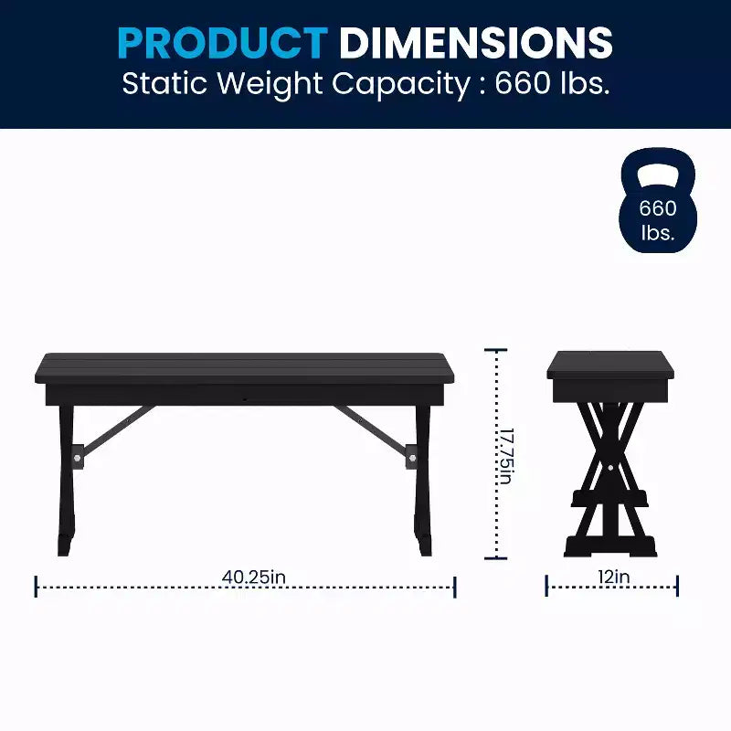 Banc de ferme pliant en pin massif de style ancien, finition noire délavée, 40 x 12, avec pieds en X pliables et verrouillables