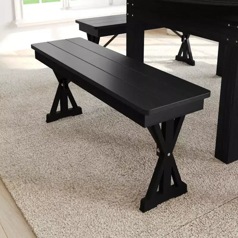Banco plegable de estilo rústico de pino macizo con acabado negro lavado, 40 x 12, para uso comercial, con patas en X plegables y con cierre