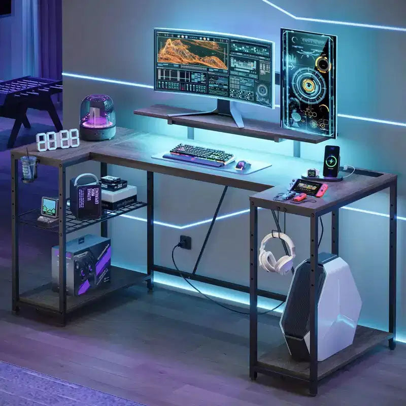 Escritorio gamer LED en forma de U de 63 pulgadas con tomas de corriente