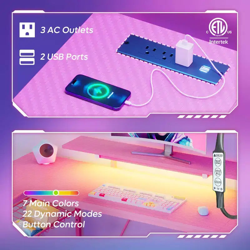 Escritorio gamer LED en forma de U de 63 pulgadas con tomas de corriente
