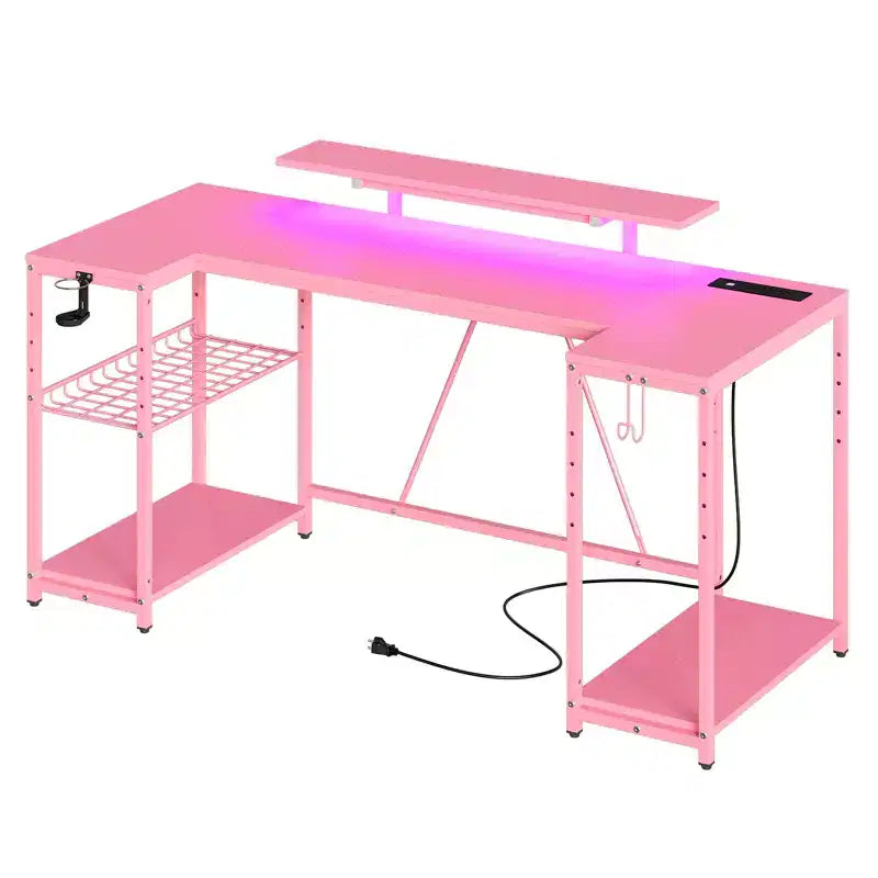 Escritorio gamer LED en forma de U de 63 pulgadas con tomas de corriente