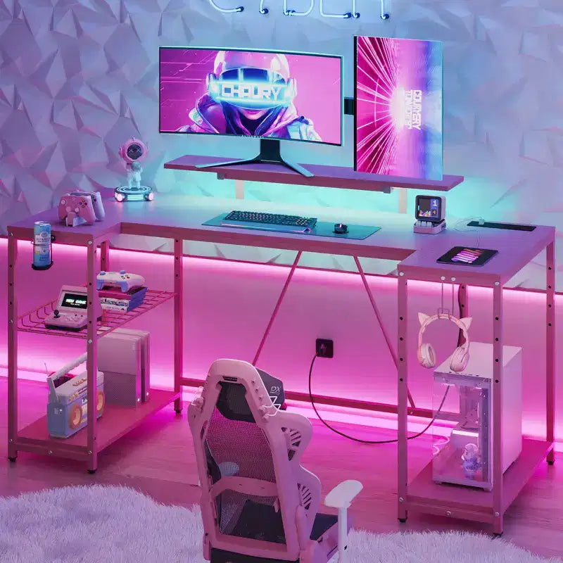 Escritorio gamer LED en forma de U de 63 pulgadas con tomas de corriente
