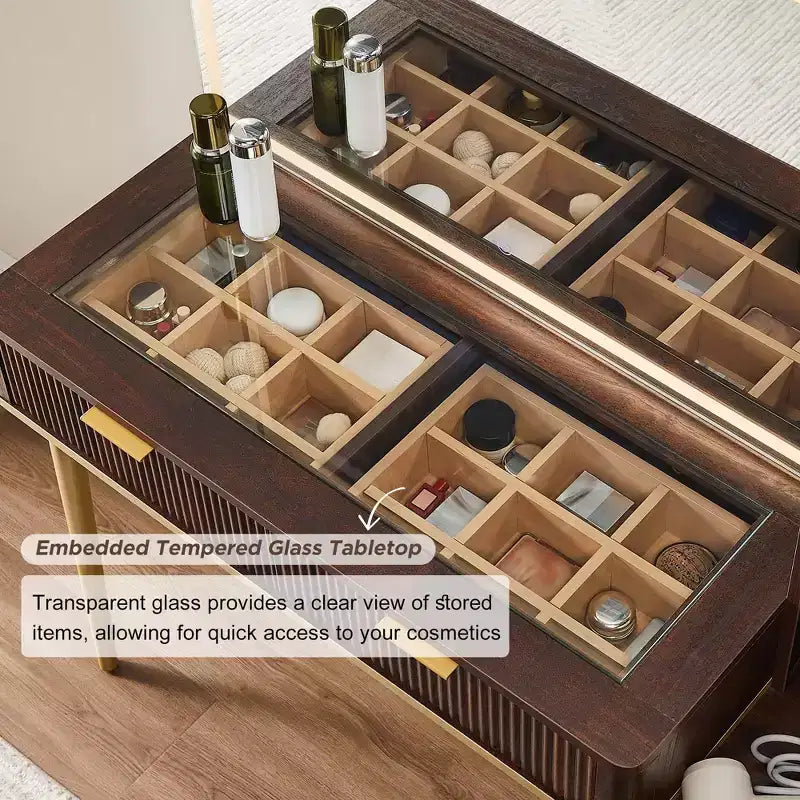 Coiffeuse cannelée avec miroir éclairé HD de 36, grand bureau-coiffeuse moderne de 48 avec plateau en verre, 5 tiroirs et étagères, table de maquillage