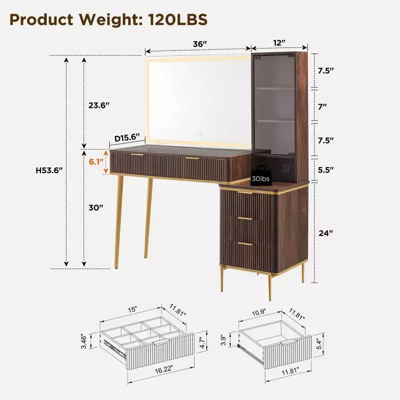 Coiffeuse cannelée avec miroir éclairé HD de 36, grand bureau-coiffeuse moderne de 48 avec plateau en verre, 5 tiroirs et étagères, table de maquillage