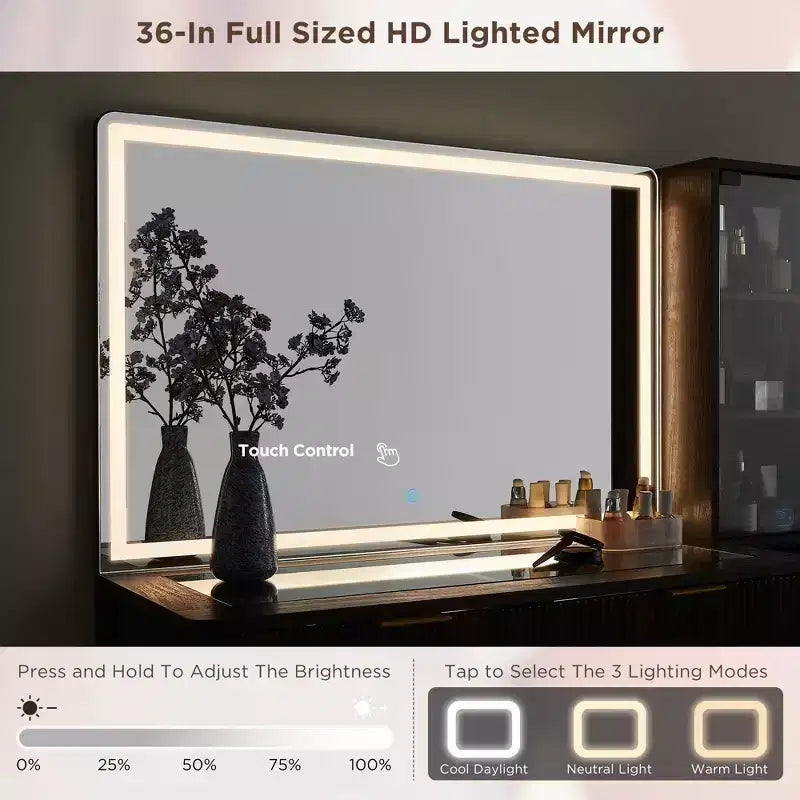 Coiffeuse cannelée avec miroir éclairé HD de 36, grand bureau-coiffeuse moderne de 48 avec plateau en verre, 5 tiroirs et étagères, table de maquillage