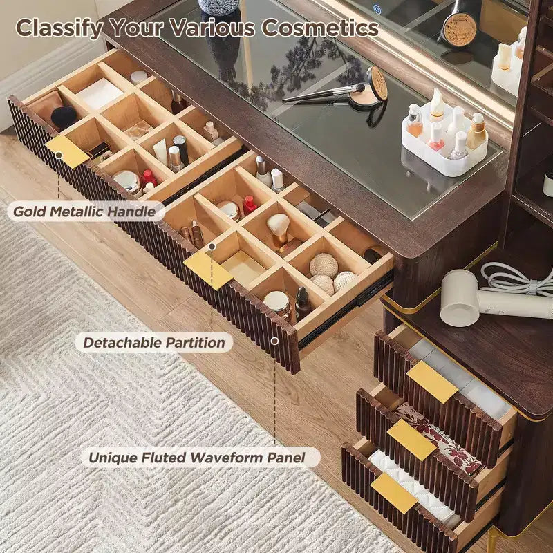 Coiffeuse cannelée avec miroir éclairé HD de 36, grand bureau-coiffeuse moderne de 48 avec plateau en verre, 5 tiroirs et étagères, table de maquillage