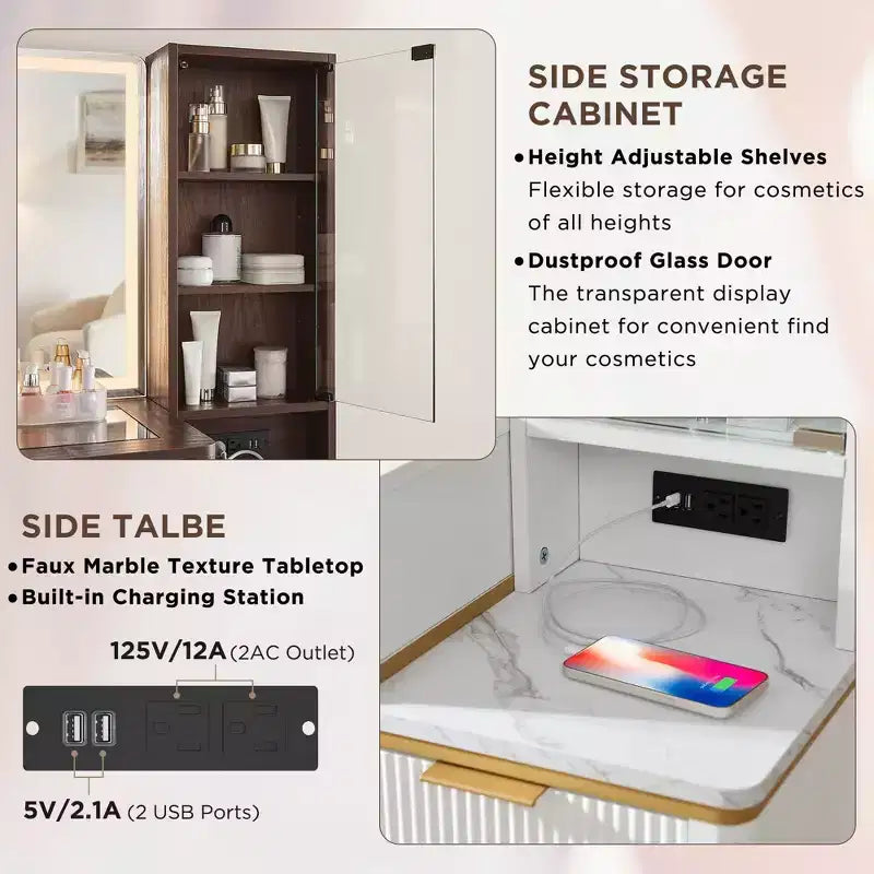 Coiffeuse cannelée avec miroir éclairé HD de 36, grand bureau-coiffeuse moderne de 48 avec plateau en verre, 5 tiroirs et étagères, table de maquillage