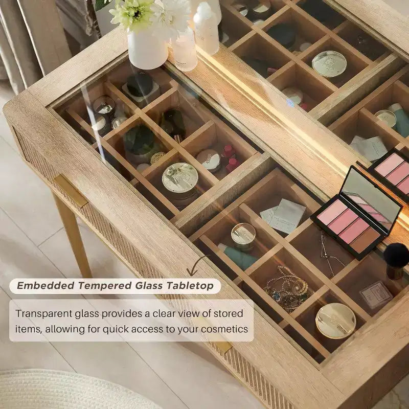 Coiffeuse cannelée avec miroir éclairé HD de 36, grand bureau-coiffeuse moderne de 48 avec plateau en verre, 5 tiroirs et étagères, table de maquillage