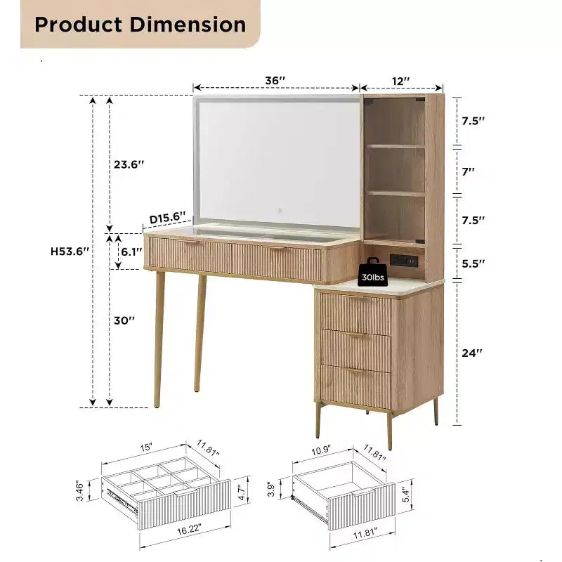 Coiffeuse cannelée avec miroir éclairé HD de 36, grand bureau-coiffeuse moderne de 48 avec plateau en verre, 5 tiroirs et étagères, table de maquillage