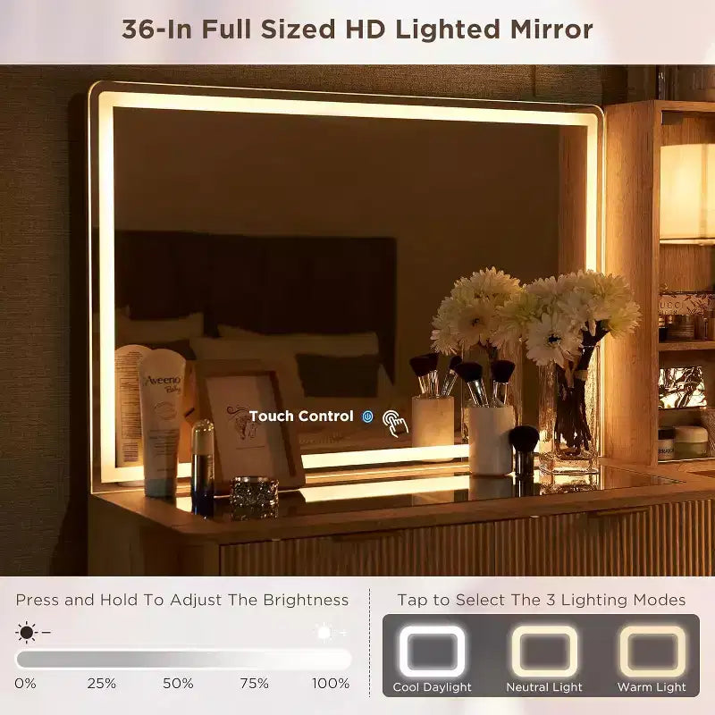 Coiffeuse cannelée avec miroir éclairé HD de 36, grand bureau-coiffeuse moderne de 48 avec plateau en verre, 5 tiroirs et étagères, table de maquillage