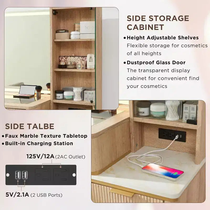 Coiffeuse cannelée avec miroir éclairé HD de 36, grand bureau-coiffeuse moderne de 48 avec plateau en verre, 5 tiroirs et étagères, table de maquillage
