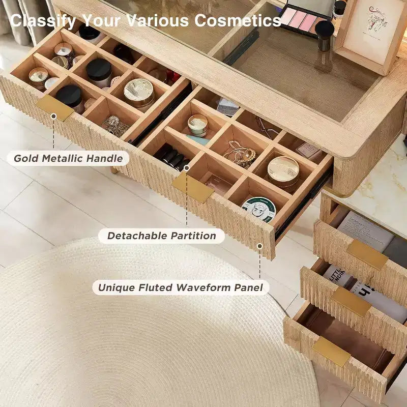 Coiffeuse cannelée avec miroir éclairé HD de 36, grand bureau-coiffeuse moderne de 48 avec plateau en verre, 5 tiroirs et étagères, table de maquillage