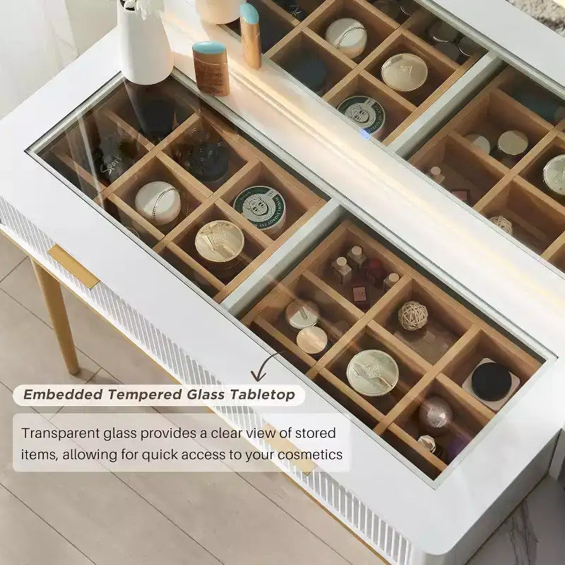 Coiffeuse cannelée avec miroir éclairé HD de 36, grand bureau-coiffeuse moderne de 48 avec plateau en verre, 5 tiroirs et étagères, table de maquillage