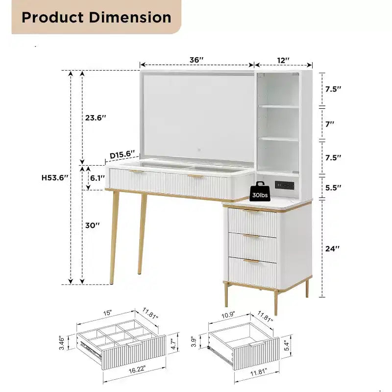 Coiffeuse cannelée avec miroir éclairé HD de 36, grand bureau-coiffeuse moderne de 48 avec plateau en verre, 5 tiroirs et étagères, table de maquillage