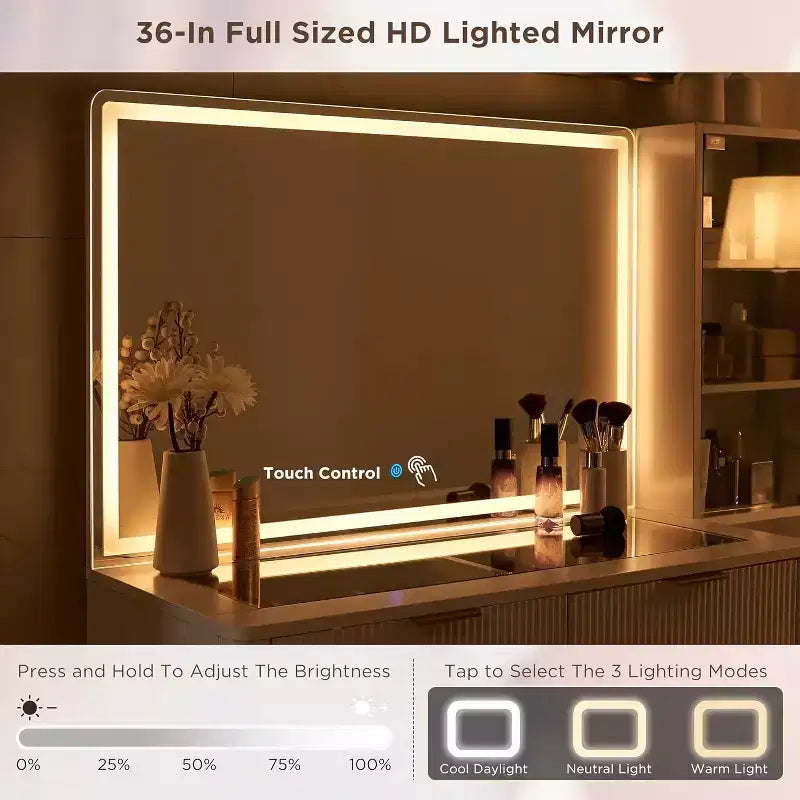 Coiffeuse cannelée avec miroir éclairé HD de 36, grand bureau-coiffeuse moderne de 48 avec plateau en verre, 5 tiroirs et étagères, table de maquillage