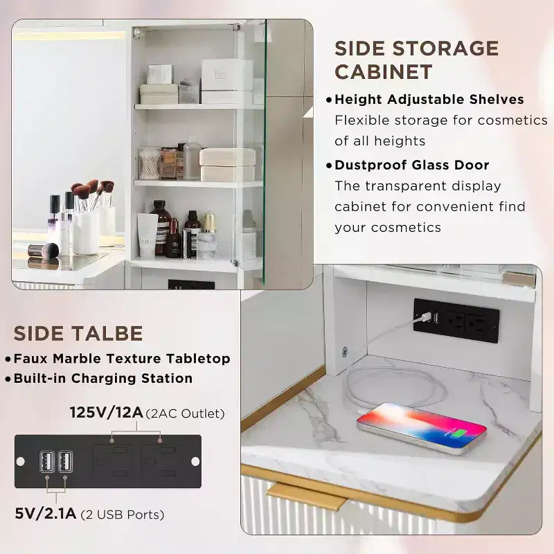 Coiffeuse cannelée avec miroir éclairé HD de 36, grand bureau-coiffeuse moderne de 48 avec plateau en verre, 5 tiroirs et étagères, table de maquillage
