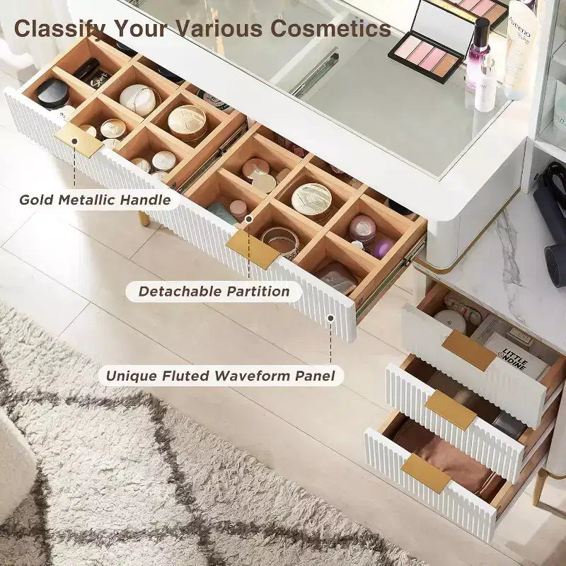 Coiffeuse cannelée avec miroir éclairé HD de 36, grand bureau-coiffeuse moderne de 48 avec plateau en verre, 5 tiroirs et étagères, table de maquillage