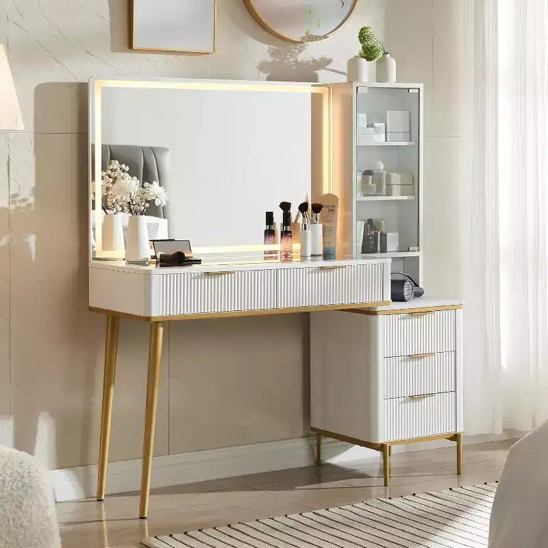 Coiffeuse cannelée avec miroir éclairé HD de 36, grand bureau-coiffeuse moderne de 48 avec plateau en verre, 5 tiroirs et étagères, table de maquillage