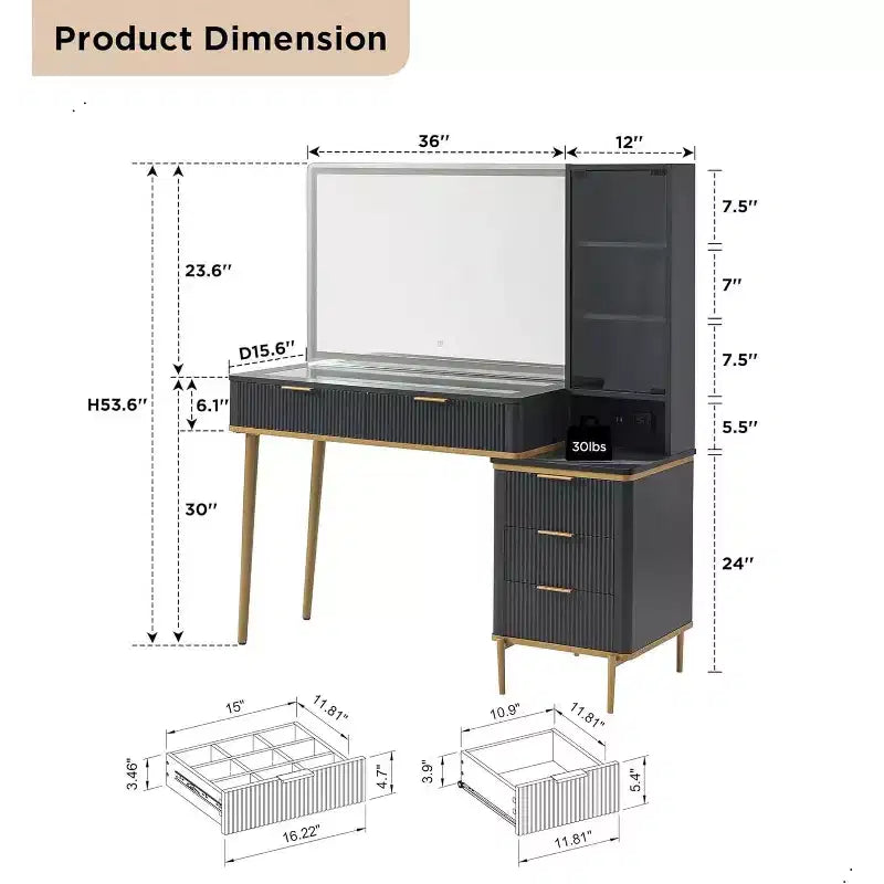 Coiffeuse cannelée avec miroir éclairé HD de 36, grand bureau-coiffeuse moderne de 48 avec plateau en verre, 5 tiroirs et étagères, table de maquillage