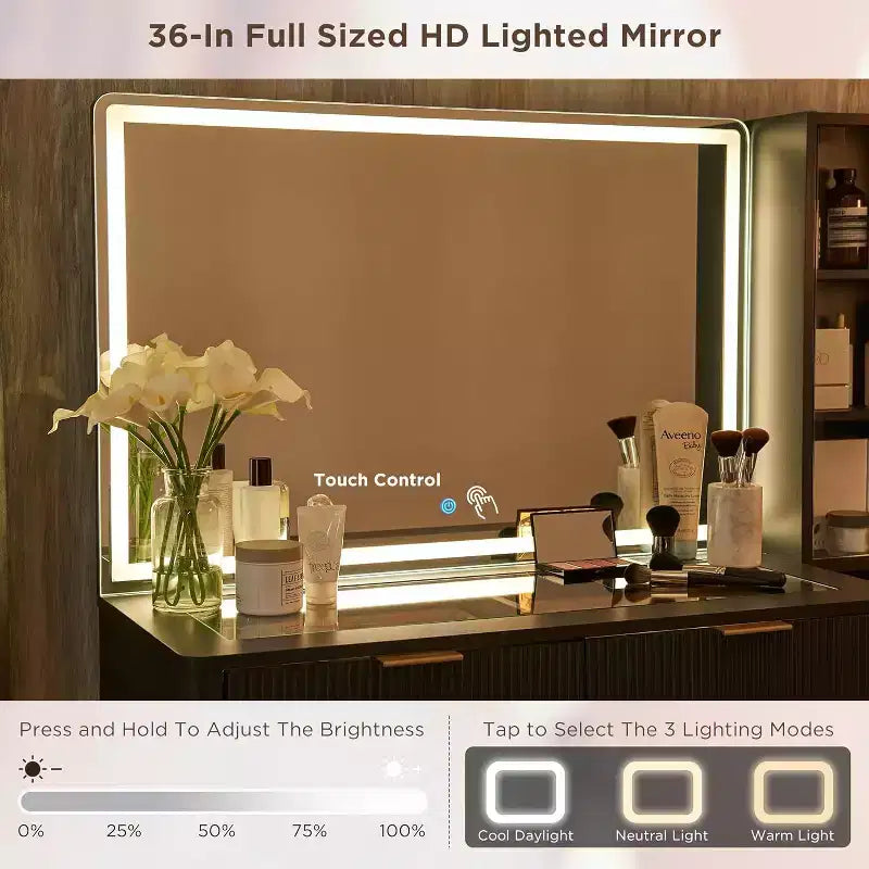 Coiffeuse cannelée avec miroir éclairé HD de 36, grand bureau-coiffeuse moderne de 48 avec plateau en verre, 5 tiroirs et étagères, table de maquillage