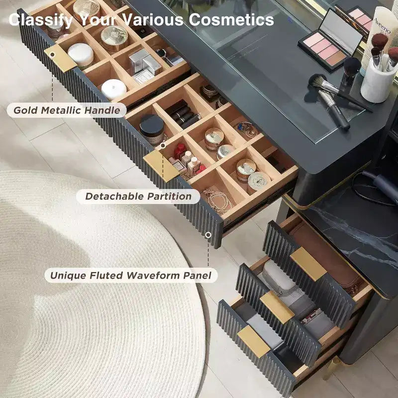 Coiffeuse cannelée avec miroir éclairé HD de 36, grand bureau-coiffeuse moderne de 48 avec plateau en verre, 5 tiroirs et étagères, table de maquillage