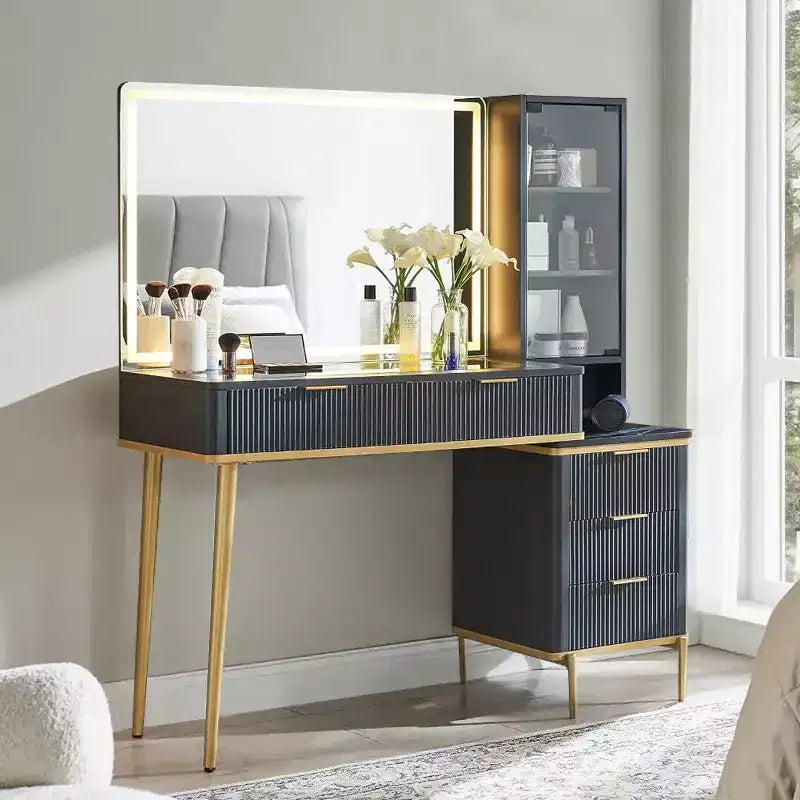 Coiffeuse cannelée avec miroir éclairé HD de 36, grand bureau-coiffeuse moderne de 48 avec plateau en verre, 5 tiroirs et étagères, table de maquillage