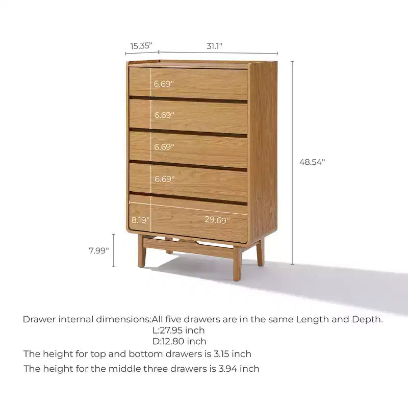 Cómoda de madera de ingeniería de 48,5 pulgadas de alto con 5 cajones, marrón