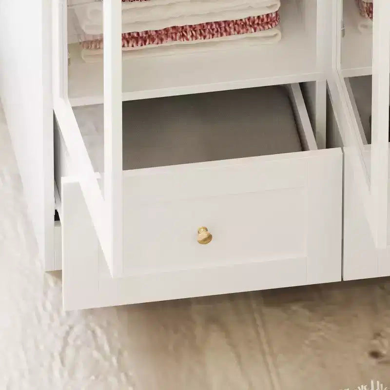 Armario blanco con 3 puertas de vidrio, doble espacio para colgar prendas