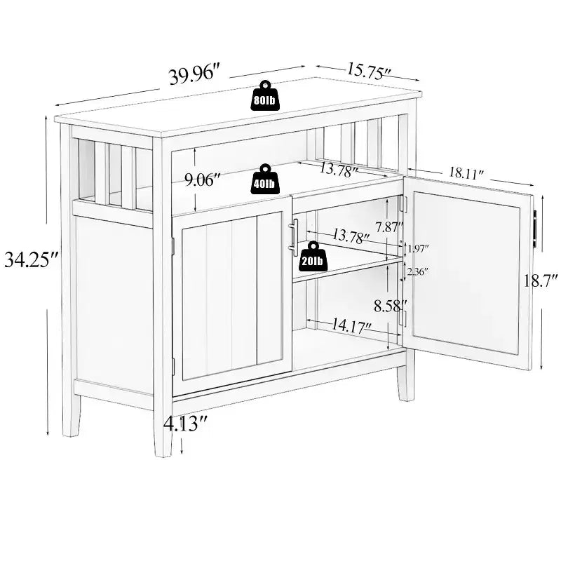 Aparador de madera de 39.96 in. con 2 puertas y 1 estante