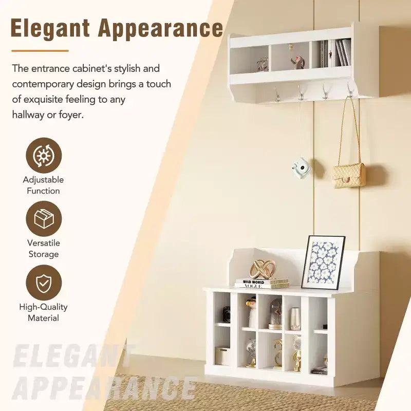 Élégant meuble d’entrée avec porte-manteau mural, étagères réglables et 4 crochets