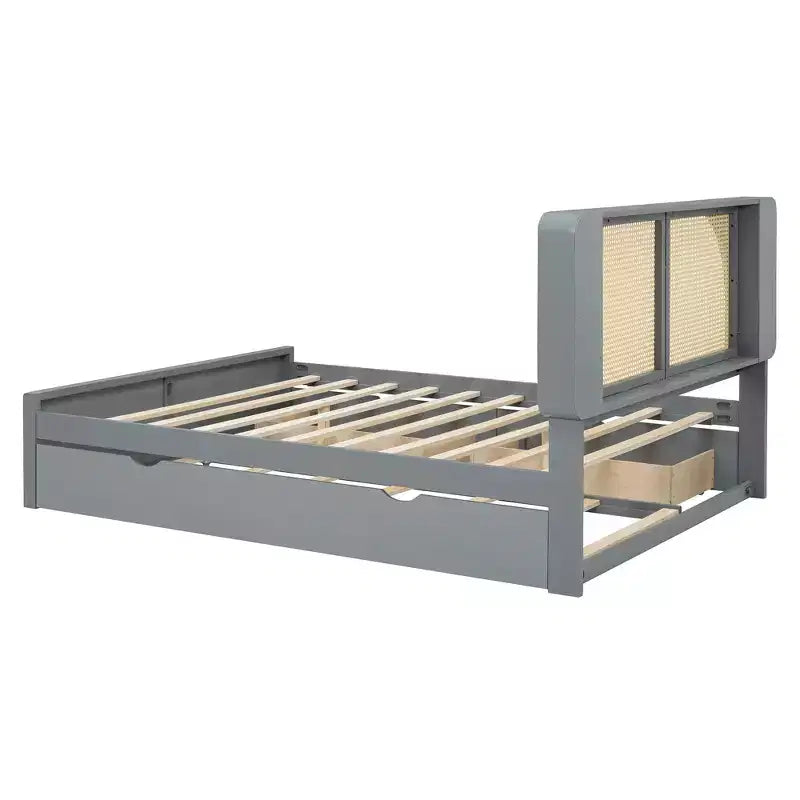 Bettgestell für Queensize-Bett mit Ausziehbett, Holzplattformbett mit Rattankopfteil und 2 Schubladen, Lattenrost aus Holz, kein Boxspring erforderlich